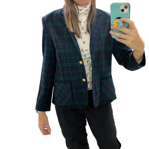 Cape Cod Match Mates Womens Plaid Blazer Jacket Gold Buttons Blue Green Size M - Picture 9 of 11